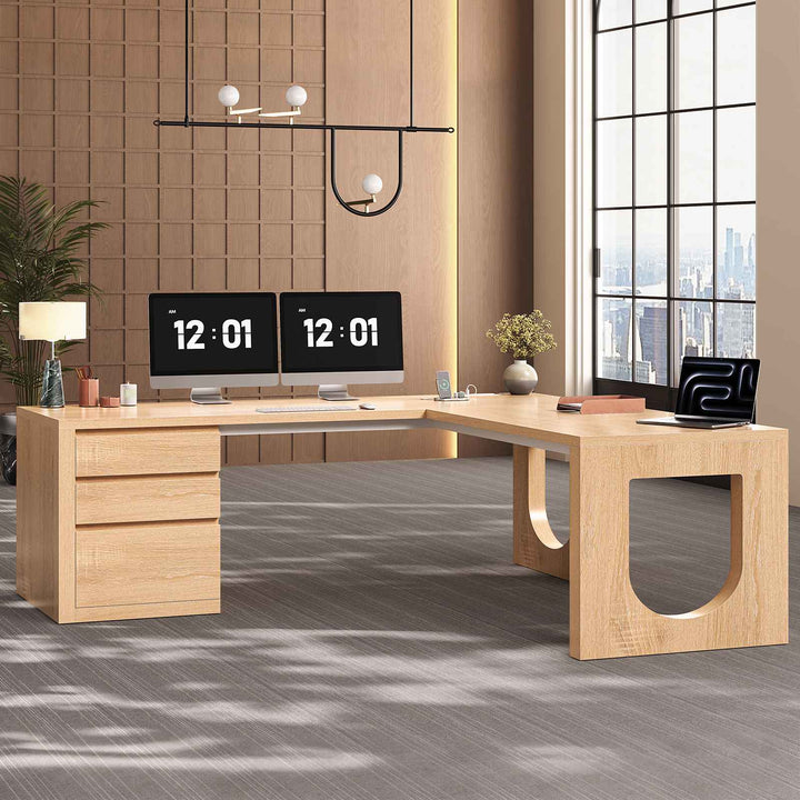 SEDETA 63 Inch Wood L Shaped Computer Desk with 3 Drawers Modern Executive Office Desk with U-Shaped Legs Relief Texture Power Outlet