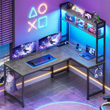SEDETA - 45.3 Inch L Shaped Gaming Desk Reversible Small Corner Desk with Power Outlet and LED Lights Corner Gaming Desk with Storage Shelves Hooks for Small Space