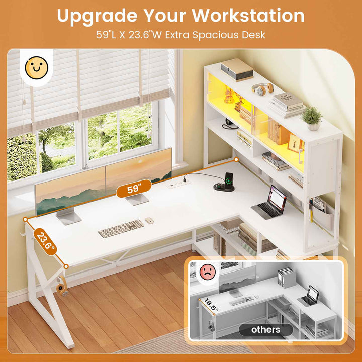 SEDETA 59 Inch L Shaped LED Gaming Desk Home Office Computer Table with Drawers and Bookshelf