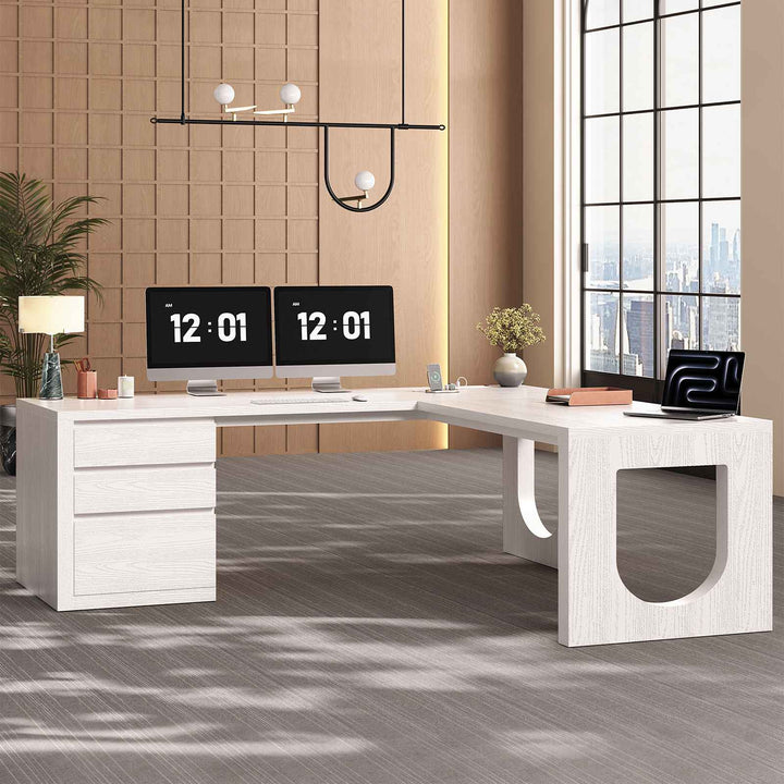 SEDETA 63 Inch Wood L Shaped Computer Desk with 3 Drawers Modern Executive Office Desk with U-Shaped Legs Relief Texture Power Outlet