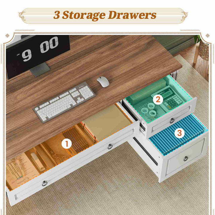 SEDETA® 47.3 Inch Farmhouse Computer Desk Executive Office Desk with Drawers Storage Cabinet and Open Storage Shelves