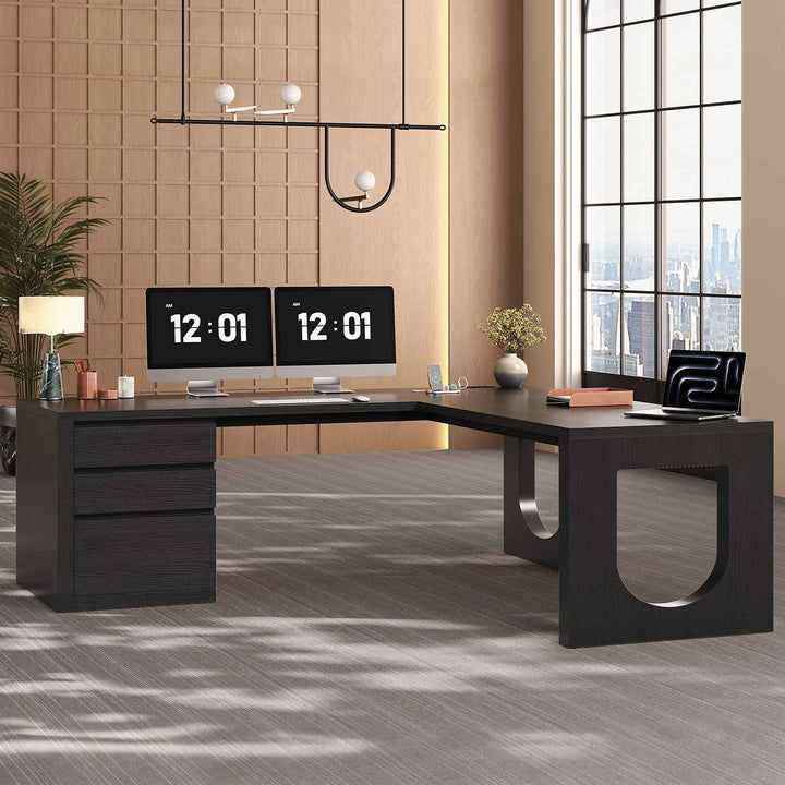 SEDETA 63 Inch Wood L Shaped Computer Desk with 3 Drawers Modern Executive Office Desk with U-Shaped Legs Relief Texture Power Outlet