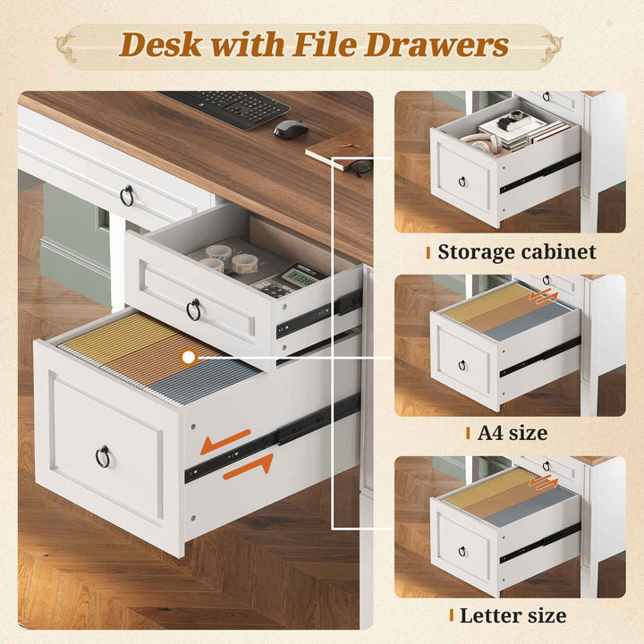 SEDETA® 47.3 Inch Farmhouse Computer Desk Executive Office Desk with Drawers Storage Cabinet and Open Storage Shelves