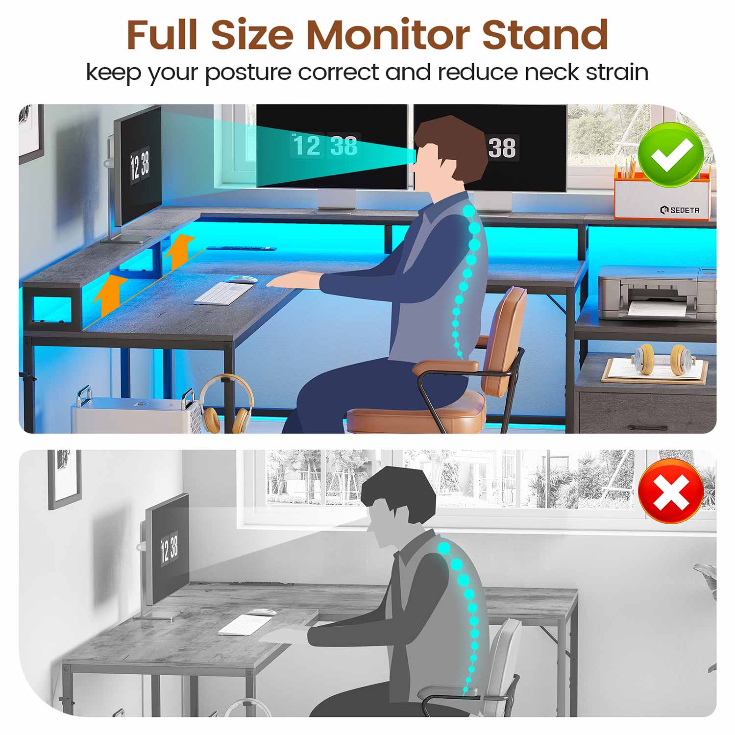 SEDETA | 66 Inch L Shaped Corner LED Gaming Computer Desk with File Dr