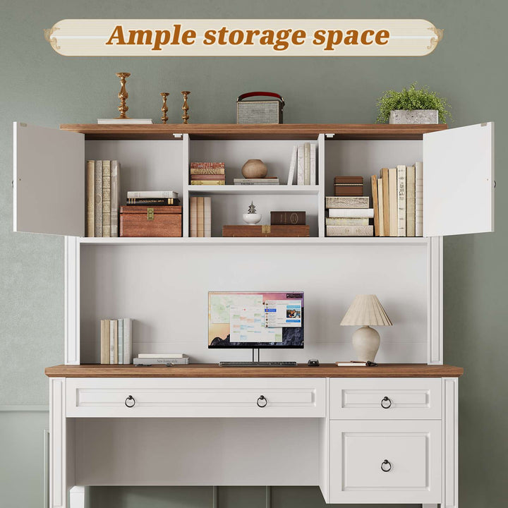 SEDETA® 47.3 Inch Farmhouse Computer Desk Executive Office Desk with Drawers Storage Cabinet and Open Storage Shelves