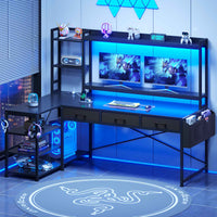 SEDETA® 55 Inch L Shaped LED Gaming Desk Reversible Computer Desk with Storage Drawers Hutch Power Outlets