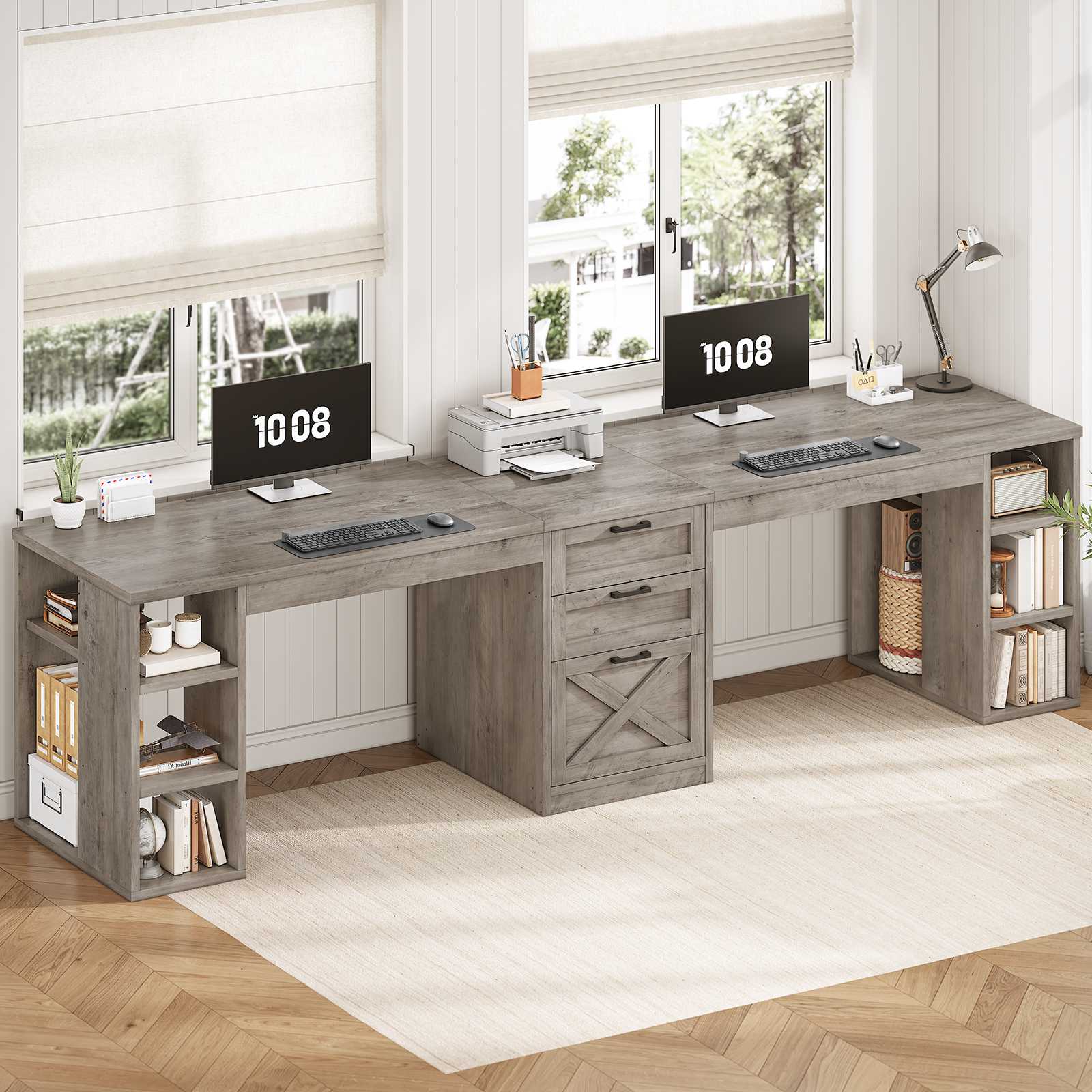 SEDETA | 96.5 Inch Farmhouse Computer Desk Gaming Double Desk with Dra