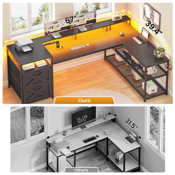 SEDETA | 67 Inch Reversible L Shaped Led Gaming Desk with Drawers for Home Office