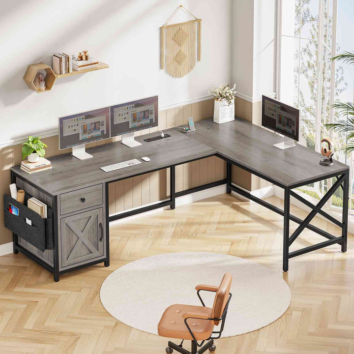 SEDETA 63 Inch L Shaped Corner Desk Convertible Long Home Office Desk with Storage Cabinet