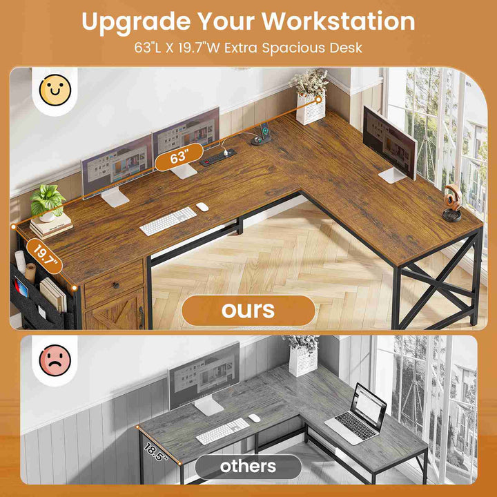 SEDETA 63 Inch L Shaped Corner Desk Convertible Long Home Office Desk with Storage Cabinet