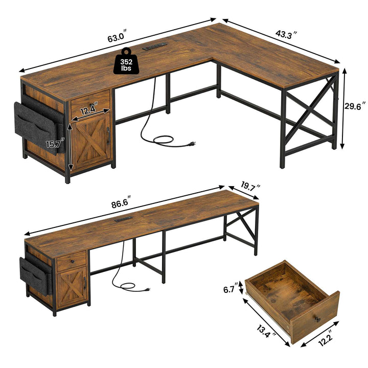 SEDETA 63 Inch L Shaped Corner Desk Convertible Long Home Office Desk with Storage Cabinet