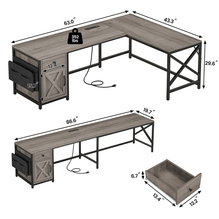 SEDETA 63 Inch L Shaped Corner Desk Convertible Long Home Office Desk with Storage Cabinet