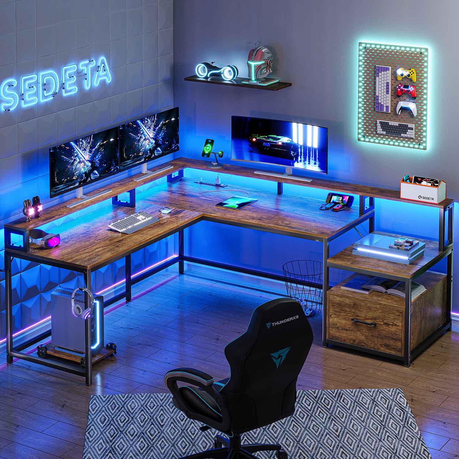 SEDETA | 66 Inch L Shaped Corner LED Gaming Computer Desk with File Dr
