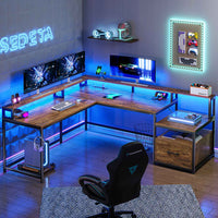 SEDETA 66 Inch L Shaped Gaming Desk Two Person Desk with Led Lights