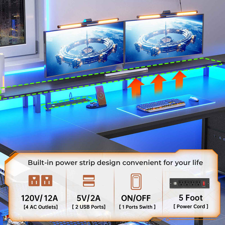 SEDETA | 67 Inch Reversible L Shaped Led Gaming Desk with Drawers for Home Office