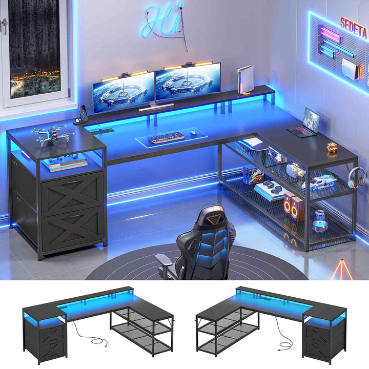 SEDETA | 67 Inch Reversible L Shaped Led Gaming Desk with Drawers for Home Office