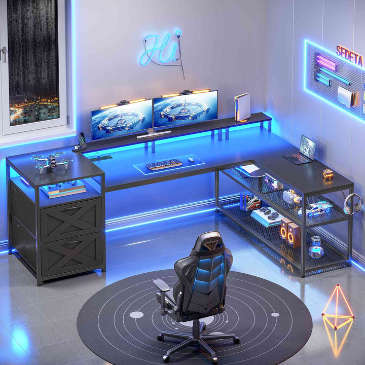SEDETA | 67 Inch Reversible L Shaped Led Gaming Desk with Drawers for Home Office