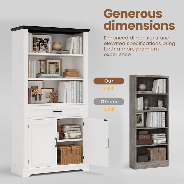 SEDETA | 70 Inch Tall Farmhouse Bookshelf with Doors and Drawer Floor Standing 6 Shelf Display Storage Shelves