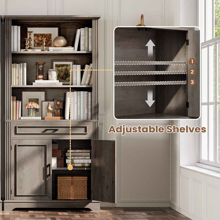 SEDETA | 70 Inch Tall Farmhouse Bookshelf with Doors and Drawer Floor Standing 6 Shelf Display Storage Shelves