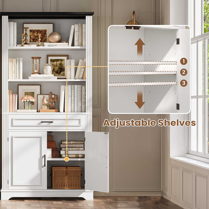 SEDETA | 70 Inch Tall Farmhouse Bookshelf with Doors and Drawer Floor Standing 6 Shelf Display Storage Shelves