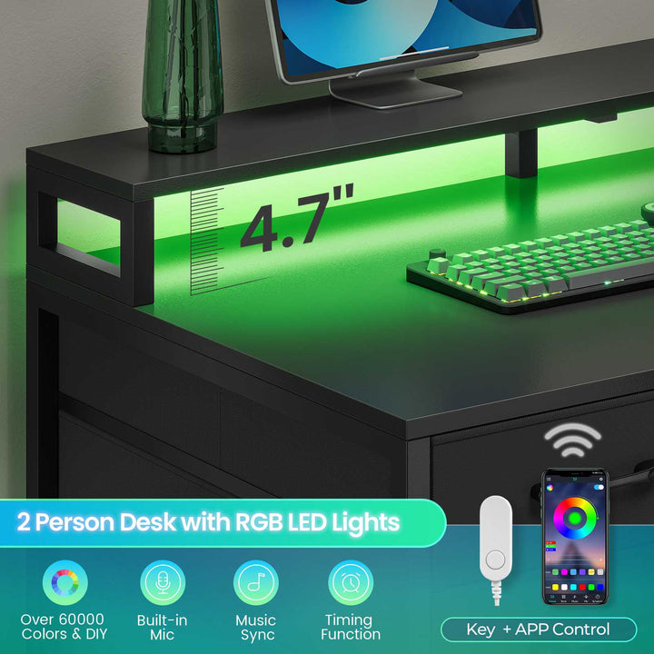 SEDETA | 94.5 Inch 2 Person Gaming Desk with Power Strip 8 Drawers Long Office Computer Desk LED Lights and Monitor Stand