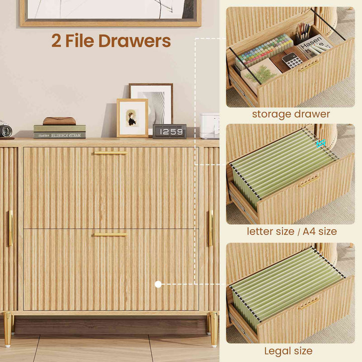 SEDETA® 39.4 Inch Home Office File Cabinet Curved Sliding Cabinet Modern Light Luxury Design Fluted Filing Cabinets and 2 Drawers