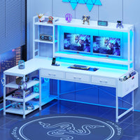 SEDETA® 55 Inch L Shaped LED Gaming Desk Reversible Computer Desk with Storage Drawers Hutch Power Outlets