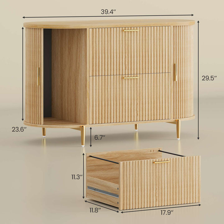 SEDETA® 39.4 Inch Home Office File Cabinet Curved Sliding Cabinet Modern Light Luxury Design Fluted Filing Cabinets and 2 Drawers