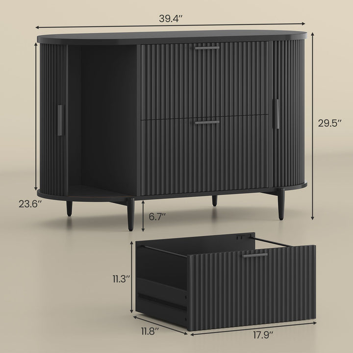 SEDETA® 39.4 Inch Home Office File Cabinet Curved Sliding Cabinet Modern Light Luxury Design Fluted Filing Cabinets and 2 Drawers