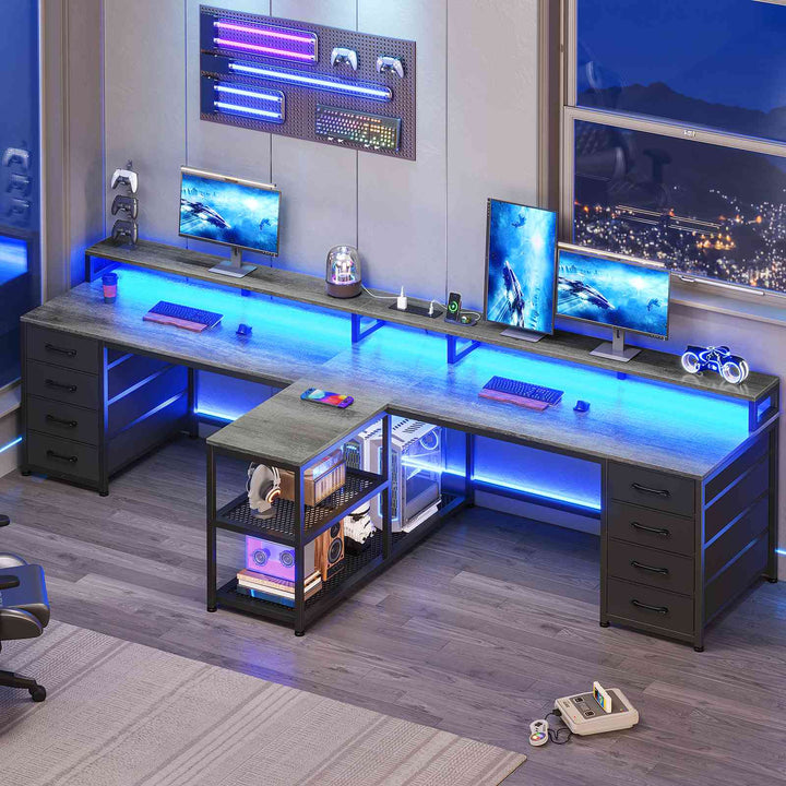 SEDETA | 94.5 Inch 2 Person Gaming Desk with Power Strip 8 Drawers Long Office Computer Desk LED Lights and Monitor Stand