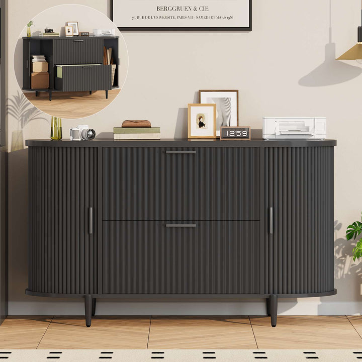 SEDETA® 39.4 Inch Home Office File Cabinet Curved Sliding Cabinet Modern Light Luxury Design Fluted Filing Cabinets and 2 Drawers