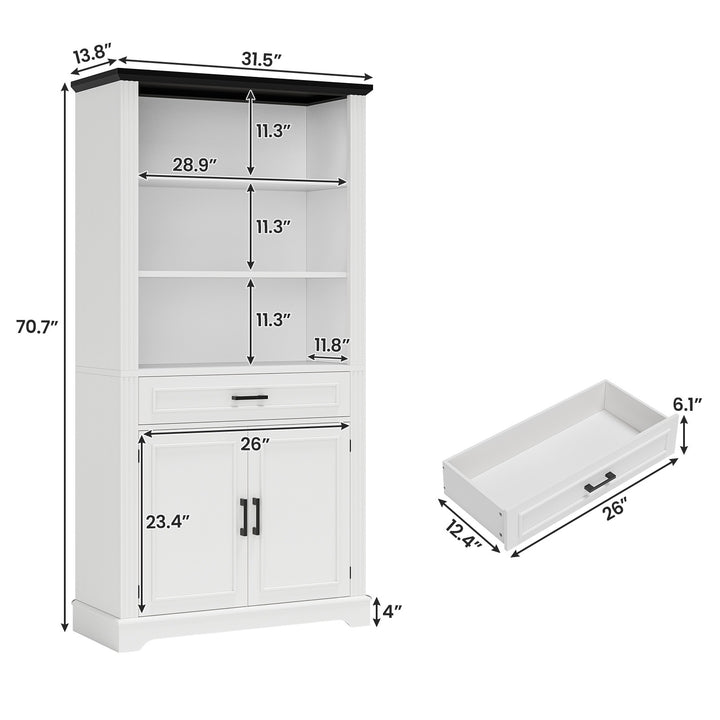 SEDETA | 70 Inch Tall Farmhouse Bookshelf with Doors and Drawer Floor Standing 6 Shelf Display Storage Shelves