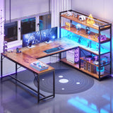 SEDETA - 63 Inch L Shaped Gaming Desk Reversible Computer Desk with Power Outlet and Storage Shelves Corner Gaming Desk with LED Lights Bookshelf for Home Office