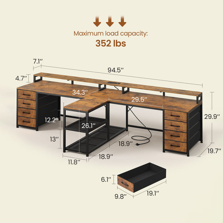 SEDETA | 94.5 Inch 2 Person Gaming Desk with Power Strip 8 Drawers Long Office Computer Desk LED Lights and Monitor Stand