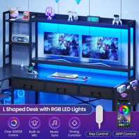 SEDETA® 55 Inch L Shaped LED Gaming Desk Reversible Computer Desk with Storage Drawers Hutch Power Outlets