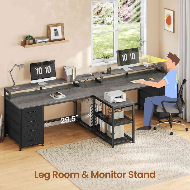 SEDETA | 94.5 Inch 2 Person Gaming Desk with Power Strip 8 Drawers Long Office Computer Desk LED Lights and Monitor Stand