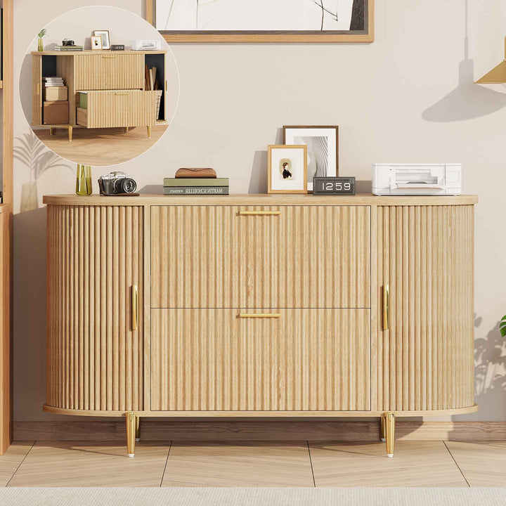 SEDETA® 39.4 Inch Home Office File Cabinet Curved Sliding Cabinet Modern Light Luxury Design Fluted Filing Cabinets and 2 Drawers