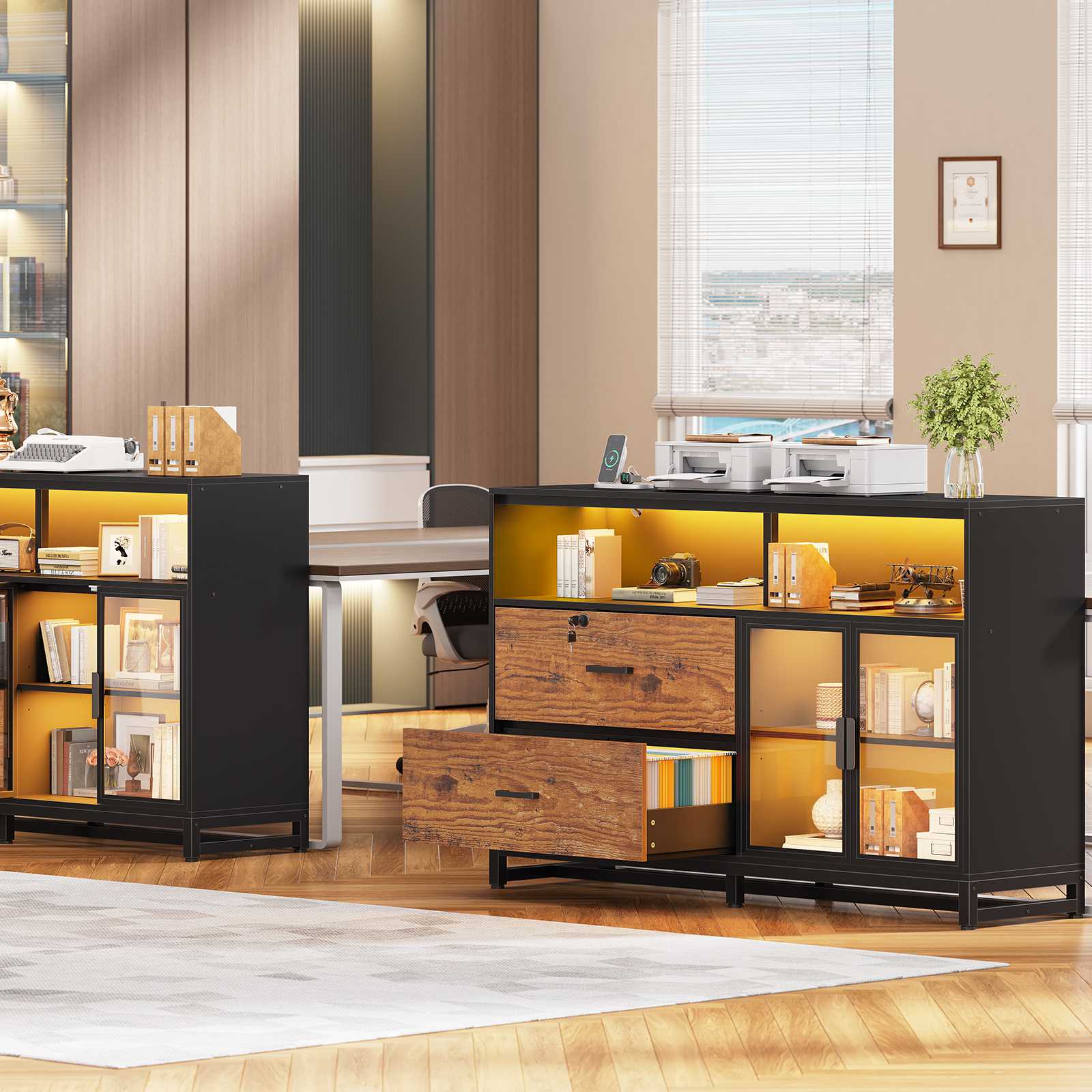 SEDETA | 59 Inch 2 Drawers File Cabinet Display Cabinet with Lock and