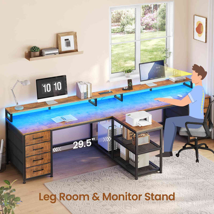 SEDETA | 94.5 Inch 2 Person Gaming Desk with Power Strip 8 Drawers Long Office Computer Desk LED Lights and Monitor Stand