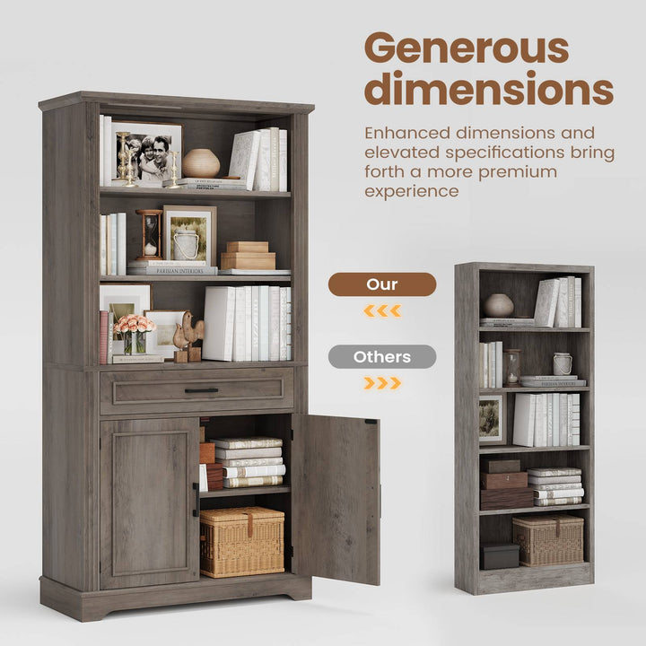 SEDETA | 70 Inch Tall Farmhouse Bookshelf with Doors and Drawer Floor Standing 6 Shelf Display Storage Shelves