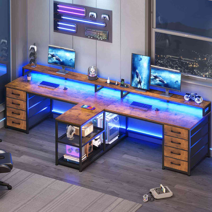 SEDETA | 94.5 Inch 2 Person Gaming Desk with Power Strip 8 Drawers Long Office Computer Desk LED Lights and Monitor Stand