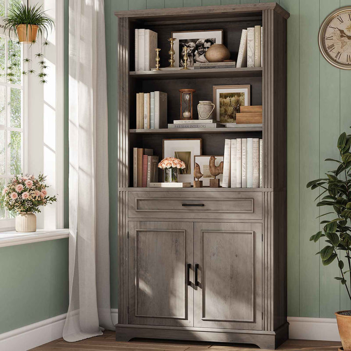 SEDETA | 70 Inch Tall Farmhouse Bookshelf with Doors and Drawer Floor Standing 6 Shelf Display Storage Shelves