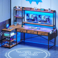 SEDETA® 55 Inch L Shaped LED Gaming Desk Reversible Computer Desk with Storage Drawers Hutch Power Outlets
