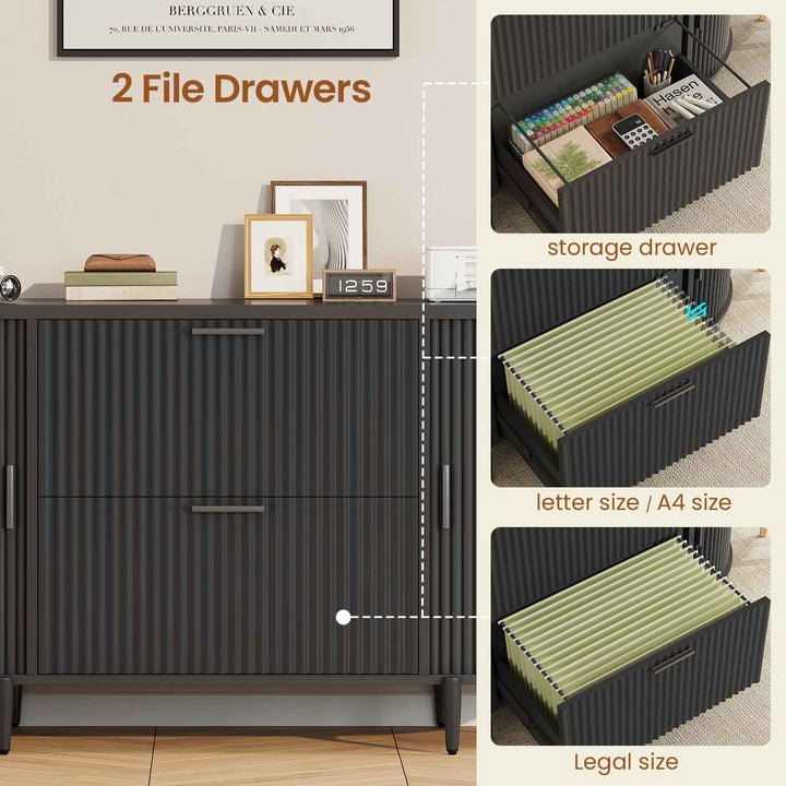 SEDETA® 39.4 Inch Home Office File Cabinet Curved Sliding Cabinet Modern Light Luxury Design Fluted Filing Cabinets and 2 Drawers