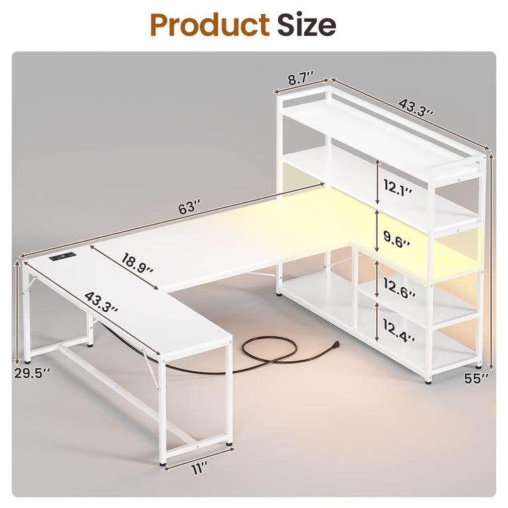 SEDETA 63 Inch Reversible Office Computer Desk L Shaped Gaming Desk with LED Lights Power Outlet 5-tier Storage Shelves