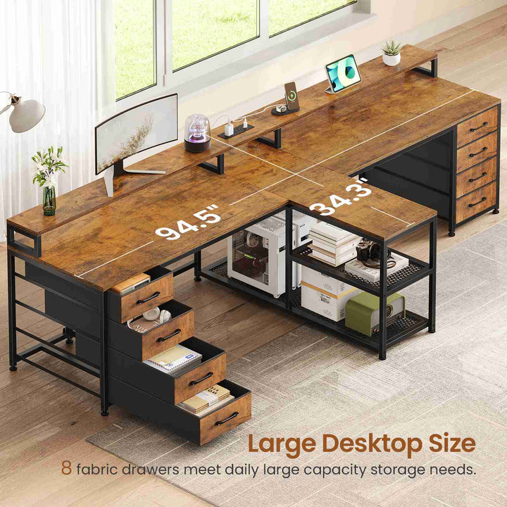 SEDETA | 94.5 Inch 2 Person Gaming Desk with Power Strip 8 Drawers Long Office Computer Desk LED Lights and Monitor Stand