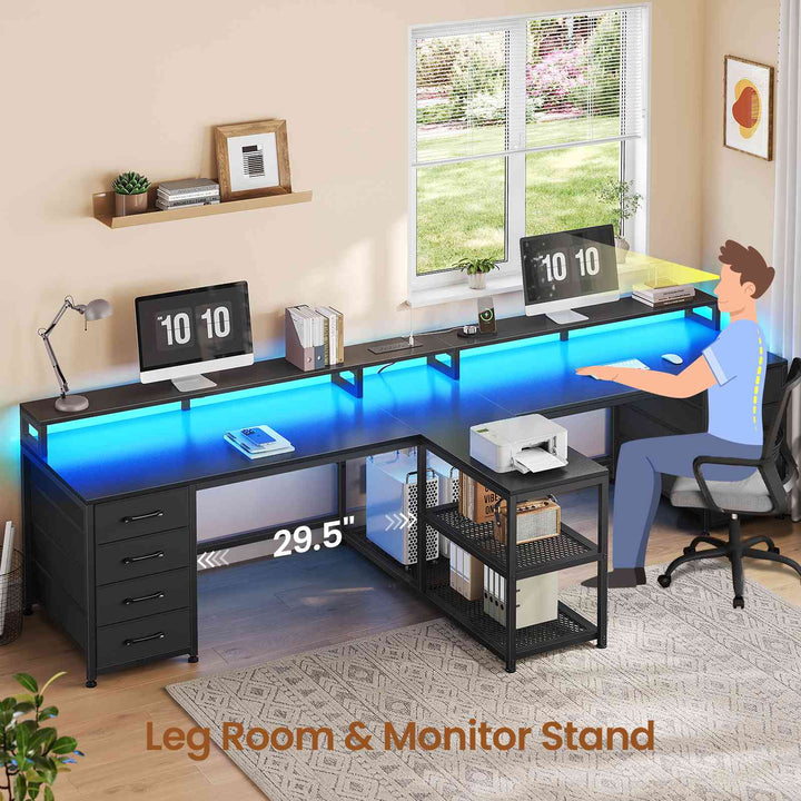 SEDETA | 94.5 Inch 2 Person Gaming Desk with Power Strip 8 Drawers Long Office Computer Desk LED Lights and Monitor Stand