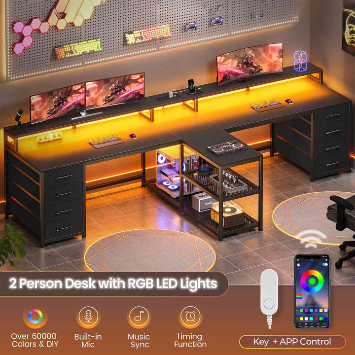 SEDETA | 94.5 Inch 2 Person Gaming Desk with Power Strip 8 Drawers Long Office Computer Desk LED Lights and Monitor Stand