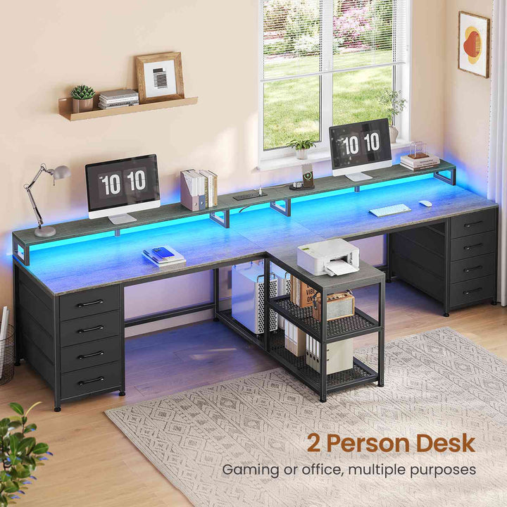 SEDETA | 94.5 Inch 2 Person Gaming Desk with Power Strip 8 Drawers Long Office Computer Desk LED Lights and Monitor Stand