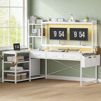 SEDETA® 55 Inch L Shaped LED Gaming Desk Reversible Computer Desk with Storage Drawers Hutch Power Outlets